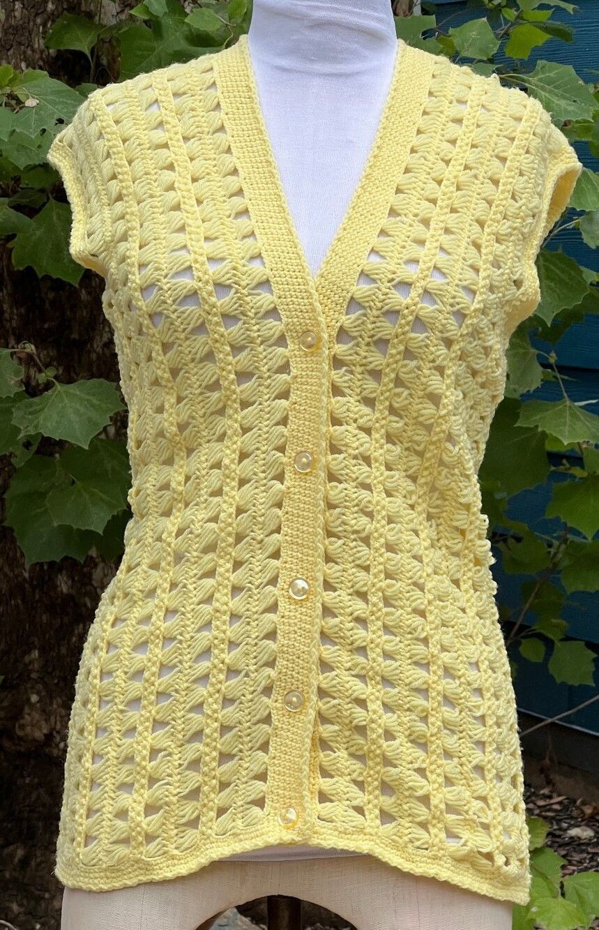 Vintage 70s Yellow Crochet Vest Button Front Pristine Condition Handmade Butter